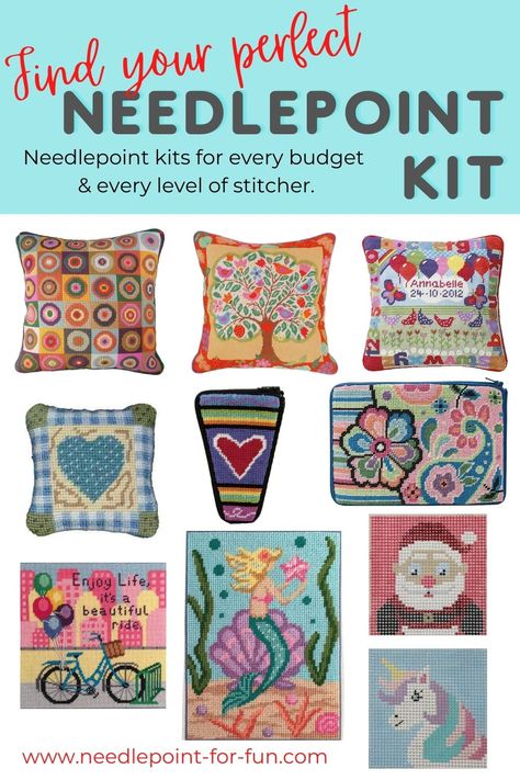 needlepoint kits to suit all styles and budgets Needlepoint Pillow Kits Needlepoint For Fun, Needlepoint Patterns For Beginners, Needlepoint Kits For Sale, Needlepoint Patterns Free, Contemporary Needlepoint, Pool Area Decorating Ideas, Beginner Needlepoint, Embroidery Pen, Tapestry Ideas