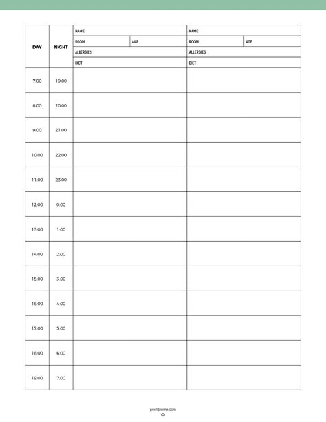 A nurse shift planner for two patients, including sections for patient names, rooms, ages, allergies, diets, and hourly tasks for day and night shifts. Patient Care Technician, Manage Time, Nursing School Survival, School Survival, Care Plans, Patient Care, Nursing School, Healthcare Professionals, Daily Planner