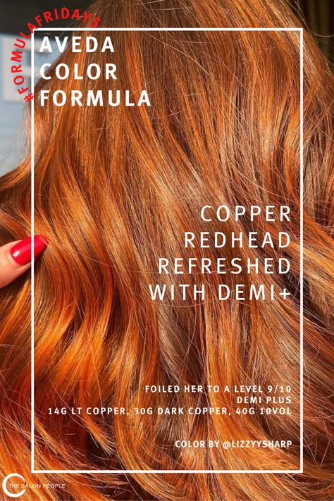 foiled her to a level 9/10 Demi plus 14g Lt Copper, 30g Dark Copper, 40g 10vol COLOR BY @lizzyysharp #formulafriday #formulafridays #avedacolor #haircolor #vibrantcolor #hairstylist #colorformula #avedacolorformula Aveda Copper Hair Color Formula, Aveda Red Hair Color Formula, Aveda Copper Formula, Aveda Color Formulas Copper, Aveda Color Formulas, Aveda Hair Color, Red Copper Hair Color, Aveda Hair, Copper Blonde