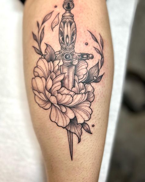 Absolutely blown away by this peony dagger tattoo by @colleenajsmith! The way you incorporated the flower and the dagger is so unique and powerful. 🌸🗡 You truly captured the beauty and strength in this piece! Mama Tried, Bug Tattoo, Dagger Tattoo, Neo Traditional, S Tattoo, Best Tattoo, Hidden Gem, Black And Grey Tattoos, Cool Tattoos