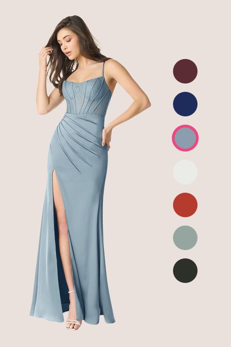 Dusty Blue Bridesmaid Dress, Satin Sheath Dress, Dusty Blue Bridesmaid, Wedding Decors, Dusty Blue Bridesmaid Dresses, Blue Bridesmaid Dress, Girls Stuff, Azazie Bridesmaid Dresses, Long Bridesmaid Dress