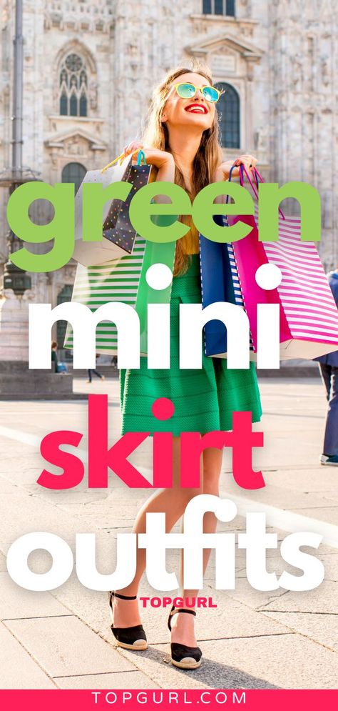 Green Mini Skirt Outfits Mini Green Skirt Outfit, Cheap Chic Green Mini Skirt, Green Miniskirt Outfits, Trendy Green Mini Skirt For Spring, Green Mini Skirt Outfit Aesthetic, Green Skirt Outfit Ideas, Green Mini Skirt Outfit, Mini Skirt Outfit Ideas, Flare Skirt Outfit