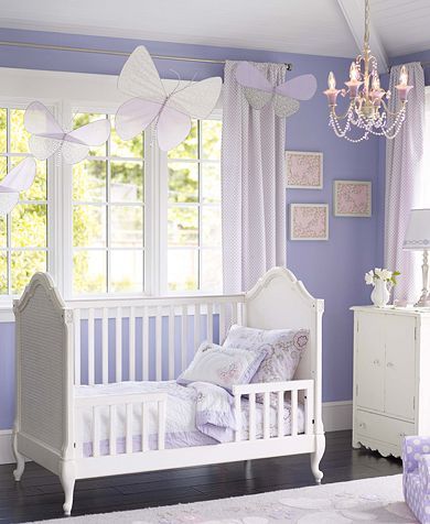 . Periwinkle Room Bedrooms, Periwinkle Nursery Girl, Blue Butterfly Bedroom, Butterfly Toddler Room, Periwinkle Bedroom Ideas, Purple Toddler Bedroom, Purple Toddler Room, Periwinkle Nursery, Girls Chandelier