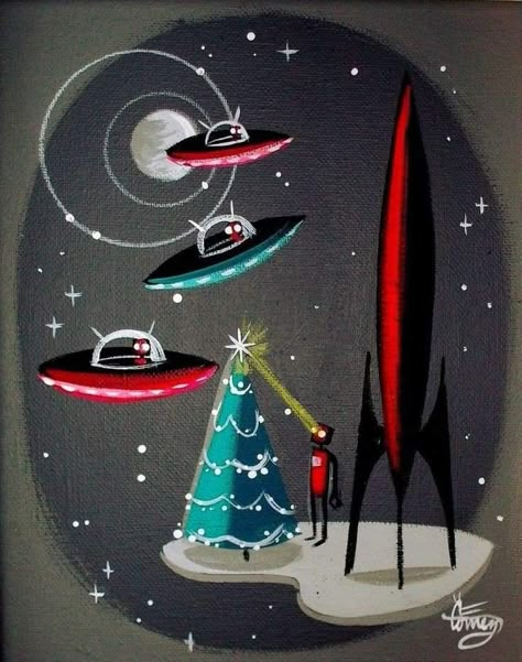 Alien Christmas, Atomic Christmas, Vintage Meets Modern, 1950s Christmas, Vintage Christmas Images, Retro Space, Mid Century Christmas, Christmas Illustrations, Christmas Graphics