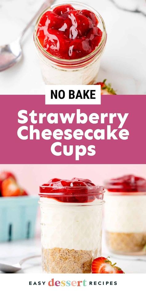 These no bake strawberry cheesecake cups are quick, easy, and filled with tangy cheesecake, graham cracker crumbs, and sweet strawberries. An easy everyday dessert or try it for special occasions like Valentine's Day, Mother's Day or 4th of July parties. Pop over to my site for the recipe! No Bake Strawberry Cheesecake Cups, Strawberry Dessert Cups, Strawberry Cheesecake Cups Recipe, Easy No Bake Strawberry Cheesecake, No Bake Cheesecake Cups, Strawberry Cheesecake Cups, Desserts Peach, Desserts Blueberry, Fall Desserts Thanksgiving