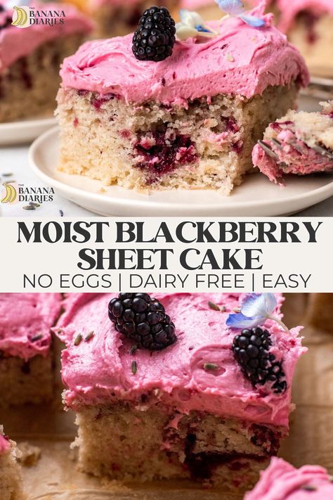 This soft and fluffy lavender blackberry cake is so easy to make in just one bowl, and bakes into the most perfectly moist and tender sheet cake. Made with a homemade lavender infused dairy free milk and easy blackberry jam swirled throughout, and topped with a silky blackberry cream cheese frosting for the ultimate spring cake! Easy Blackberry Jam, Blackberry Cream Cheese, Sugar Free Vegan Desserts, Blackberry Cake Recipe, Healthy Pie, Homemade Blackberry Jam, Banana Diaries, Gluten Free Vegan Recipes Desserts, Vegan Dessert Bars