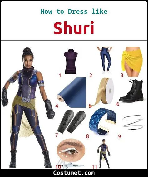 Shuri's Costume from Black Panther Black Panther Outfit Ideas Women, Shuri Outfit, Female Black Panther, Panthers Outfit, Shuri Black Panther, Panther Costume, Black Panther Costume, Purple Turtleneck, Arm Guards