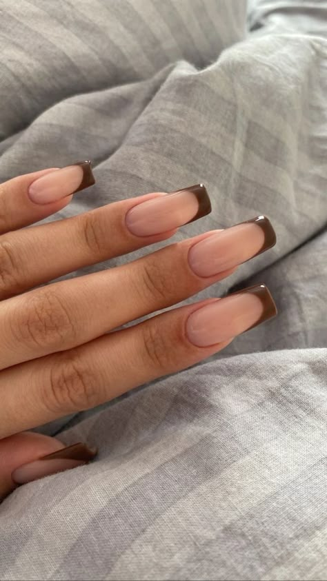 Autumnal Acrylic Nails, Brown French Tips Square, Brown French Tip Square, Brown French Tip Nails Square, French Tip Nail Colors, Nails Braun, Dark French Nails, Narrow Square Nails, Nails November 2024