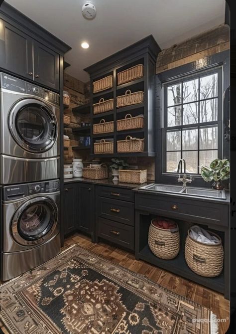 Rustic Home Theater, Laundry Room French Country, Laundry In Pantry, Butlers Pantry Laundry Room Combo, Laundry Room Mud Room Combo, Laundry Room Dark, Cool House Features, Pantry Laundry Room Combo, Laundry Room Combo