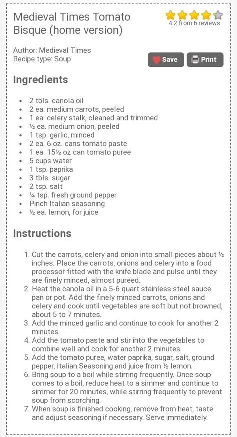 Not my recipe. Found at https://www.threedifferentdirections.com/medieval-times-save-big-fill-pantry-chivalryinaction.html Medieval Times Tomato Soup, Medieval Times Recipes, Medieval Times Tomato Bisque, Medieval Times Dinner, Feed The Monster, Medieval Recipes, Supernatural Books, Tomato Bisque, Medieval Times