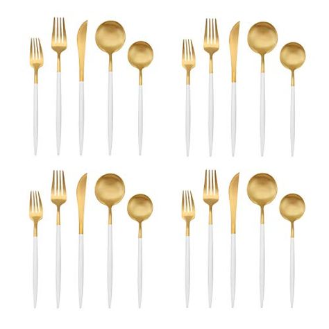 Amazon.com | Matte Gold Silverware Set with blue handle, Bysta 20-Piece Stainless Steel Flatware Set, Kitchen Utensil Set Service for 4, Tableware Cutlery Set for Home and Restaurant, Satin Finish, Dishwasher Safe: Flatware Sets Gold Silverware, Kitchen Utensil Set, Dessert Spoons, Stainless Steel Flatware, Kitchen Utensil, Dining Accessories, Utensil Set, Spoon Set, Serving Set