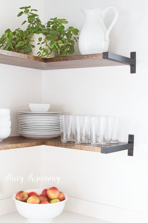 Open Shelves in The Kitchen | Not JUST A Housewife Ikea Hooks, Diy Corner Shelves, Kitchen Corner Shelves, Diy Corner Shelf, Corner Shelf Ideas, Corner Shelf Design, Kitchen Open Shelves, Floating Corner Shelves, Kitchen Open