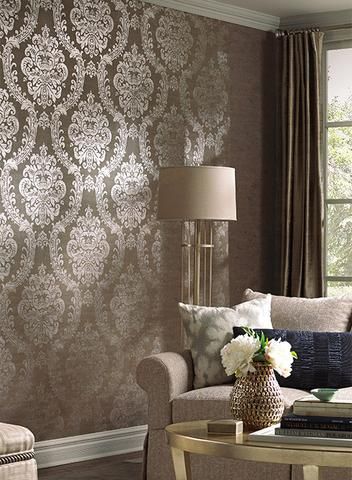 Grand Palais Wallpaper by Ronald Redding for York Wallcoverings York Wallcoverings, A Wallpaper, Grand Palais, Damask, Couch, Wallpapers, Living Room, Gold, Furniture