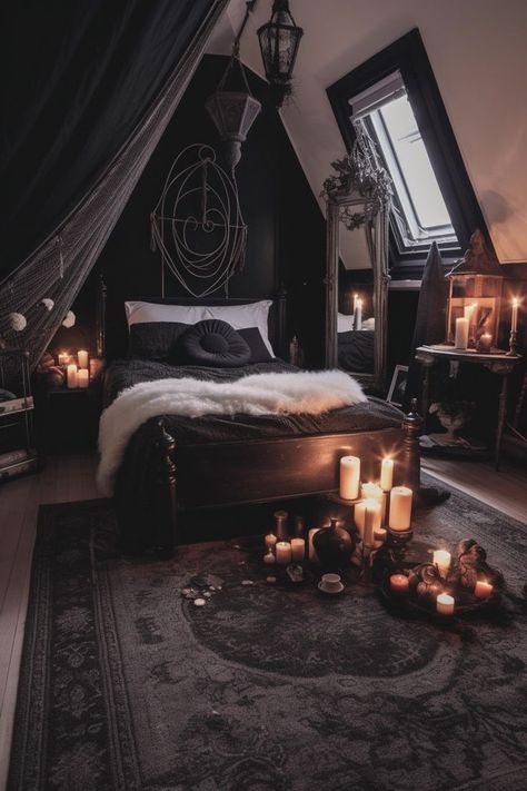 Boho Witchy Bedroom, Witchy Bedroom Ideas, Witch Bedrooms, Dark Cozy Bedroom, Witchy Bedroom, Goth Bedroom, Bedroom Ideas Romantic, Gothic Room, Gothic Bedroom