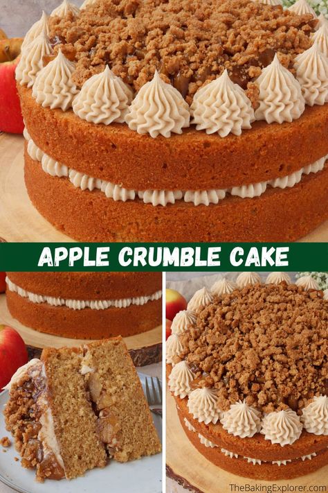 Recipe for Apple Crumble Cake - brown sugar and cinnamon cake with a spiced apple filling, cinnamon buttercream and crunchy crumble #thebakingexplorer #autumnbaking #applecake #cinnamoncake #cakerecipe Recipe For Apple Crumble, Apple Crumble Cake Recipe, Cake Brown, Apple Crumble Cake, Cinnamon Buttercream, Autumn Baking, Apple Cakes, Apple Crumble Recipe, Tray Cake