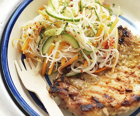 Tangy and fragrant Vietnamese pork steaks with noodle salad from Australian Women's Weekly. Easy Pho, Pho Recipes, Vietnamese Salad, Vermicelli Salad, Pork Steaks, Vietnamese Pork, Pho Recipe, Coleslaw Salad, Pork Salad