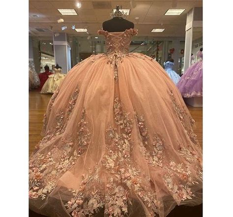 Rose Gold Off The Shoulder sleeping beauty quinceanera dress Ball Gown Sleeveless Floral Appliques L - Bing - Shopping Pink And White Quinceanera Dresses, Quince Planner, Peach Quinceanera Dresses, Blush Pink Quinceanera Dresses, Rose Gold Quinceanera Dresses, Dream Quinceanera, Quinceanera Dresses Gold, Quinceanera Pink, Quinceanera Themes Dresses