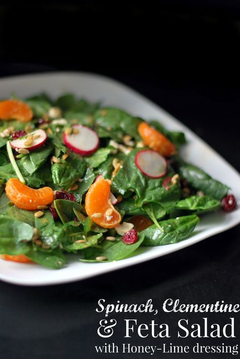 Spinach, Clementine, & Feta Salad with Honey-Lime Dressing Chicken For Dinner, Marinated Cucumbers, Grilled Chicken Marinade, Honey Lime Dressing, Salad For Lunch, Lime Dressing, Feta Salad, Honey Lime, Supper Recipes