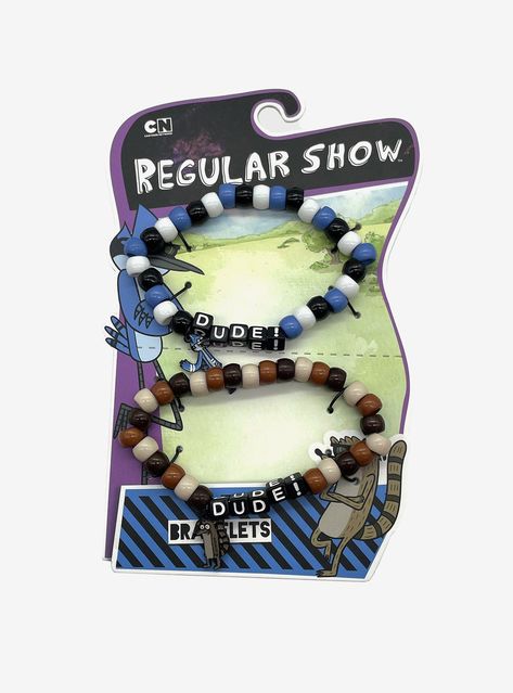 <div>Dude  these <i>Regular Show <i>bracelets are the perfect way to channel your inner Mordecai and Rigby! Perfect for you and your BFF  this set features color-coordinated beaded bracelets for Mordecai and Rigby  charms of the duo and ""Dude!"" spelled out.<div><ul><li>Plastic; nickel-free alloy; elastic<li><li>Set of 2<li><li>Imported<li><ul> Things To Put On A Bracelet, Character Themed Bracelets, Summer Camp Bracelets, Mordecai And Rigby Costumes, Gravity Falls Bracelet, Rigby X Mordecai, Bead Bracelet Words Ideas, Cute Bracelets Ideas, Regular Show Mordecai