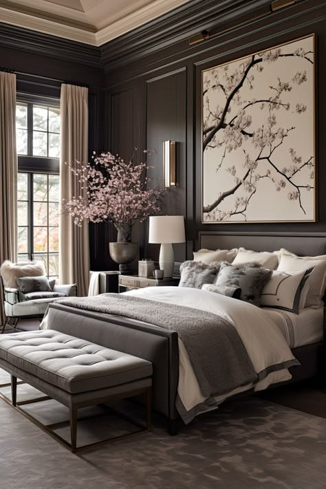 Bedroom Inspirations Master Sophisticated, Modern Classic Home Interiors, Beautiful Master Suites, Luxury Bedroom Ideas Modern Elegant, Dark Serene Bedroom, Meteranian Home Decor, Masterbed Room Modern, Dream Bedroom Design, Luxe Master Bedrooms Decor