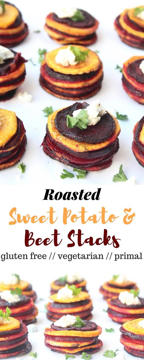 These Roasted Sweet Potato & Beet Stacks make a fun, easy, and healthy side dish for your holiday get-togethers - Eat the Gains Whole30 Thanksgiving, Gf Sides, Sweet Potato Stacks, Sweet Potato Slices, Csa Recipes, Roasted Sweet Potato, Plant Paradox, Beet Recipes, Healthy Side Dish