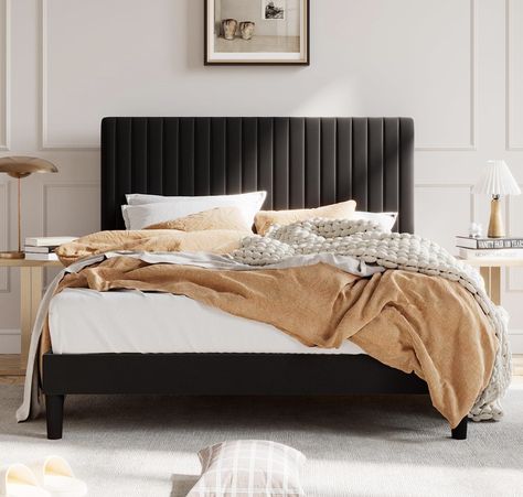 Upholstered Full Bed, King Upholstered Platform Bed, Velvet Bed Frame, Black Bed Frame, Velvet Upholstered Bed, Black Headboard, Velvet Headboard, Full Bed Frame, Wingback Headboard