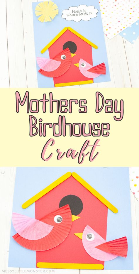 Mothers Day craft for kids to make. Cupcake liner bird craft and bird house craft with printable template. Bird House Craft Preschool, Bird House Craft For Kids, Birdhouse Template, Bird House Craft, Tree Paper Craft, Mothers Day Craft, Mother And Baby Animals, Bird Craft, Kids Canvas Painting