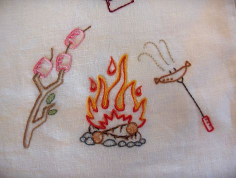 Campfire Embroidery, Fire Embroidery, Camping Embroidery, Embroidery Things, Learning To Embroider, Felt Ideas, Fabric Journals, Stitch Ideas, Wool Crafts