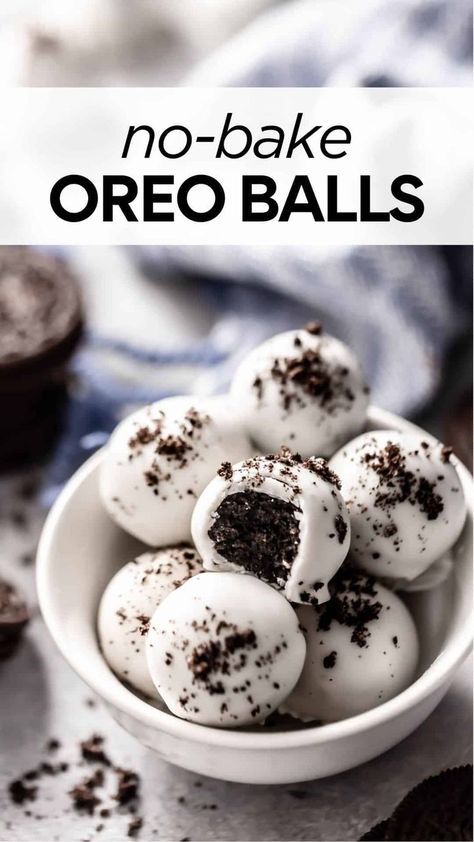 These easy Oreo balls are a delicious 3-ingredient chocolate treat for when you need a last-minute dessert. Choose your favorite flavor of Oreo cookies, combined with brick cream cheese, and dunked in chocolate. Keep plain or top with sprinkles, chocolate drizzle or crushed Oreos. This no-bake Oreo balls recipe is guaranteed to be hit no matter the occasion! #oreoballs #oreotruffles Oreo Dessert Balls, Homemade Oreo Balls, Oreo Bites No Bake, Baking Oreo Recipes, Oreo Ball Recipe 3 Ingredients, Oreo Balls With Almond Bark, Banana Balls No Bake, Gf Oreo Balls, Snacks To Make With Oreos