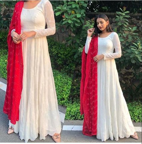 Indian Maxi Dress, Red Dupatta, Georgette Gown, Side Work, Gown Party Wear, Ethnic Gown, Party Wear Gown, Beautiful Long Dresses, Georgette Dupatta