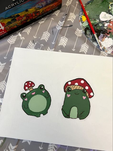 Frog Mug Painting, Pottery Frogs Ideas, Pottery Painting Mushroom, Frog Pottery Painting, Easy Frog Painting, Frog Painting Ideas, Mushroom Pottery Painting, Mushroom Painting Easy, Cute Frog Mushroom