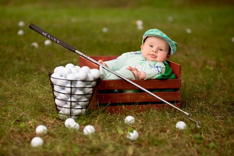 So cute golfer Baby Golf Photoshoot, Golfer Outfit, Golf Onesie, Girl Golf Outfit, Golf Photos, 5 Month Baby, First Family Photos, Golf Baby, Jordan 1 Mid White