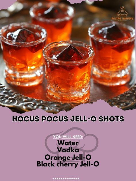 Get ready for a spellbinding treat with these Hocus Pocus Jell-O Shots—perfect for your Halloween festivities! 🍬✨ #WitchySips Hocus Pocus Jell-O Shots Ingredients: Water (1 cup) Vodka (1 cup) Orange Jell-O (1 package, 3 oz) Black cherry Jell-O (1 package, 3 oz) Instructions: Boil 1/2 cup of water, dissolve orange Jell-O, and stir in 1/2 cup vodka. Pour into shot cups and chill until set. Repeat with black cherry Jell-O, using the remaining water and vodka. Layer on top of the orange Jell-... Eyeball Jello Shots, Eyeball Jello, Delicious Halloween Treats, Orange Vodka, Jell O Shots, Recipes Tutorials, Shot Cups, Halloween Festivities, Cup Of Water