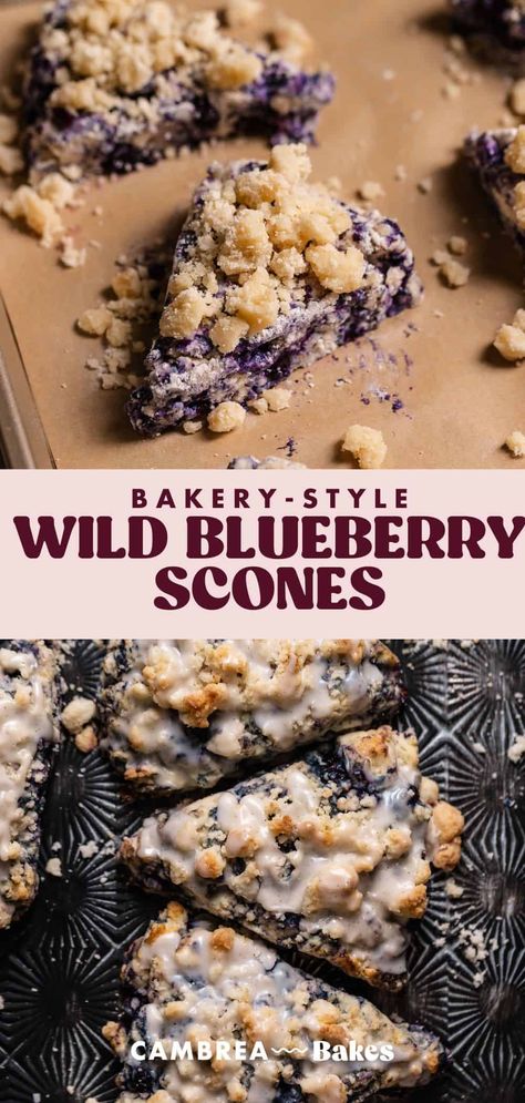 These bakery-style blueberry scones are the best! Packed with frozen wild blueberries, topped with a buttery crumb, and drizzled with vanilla bean glaze—they're perfect for breakfast or brunch! Frozen Blueberry Dessert Recipes, Blueberry Scones With Frozen Blueberries, Frozen Blueberry Scones, Sourdough Blueberry Scones, Best Blueberry Scones, Mixed Berry Scones, Frozen Blueberry Recipes, Blueberry Cinnamon Rolls, Blueberry Scone