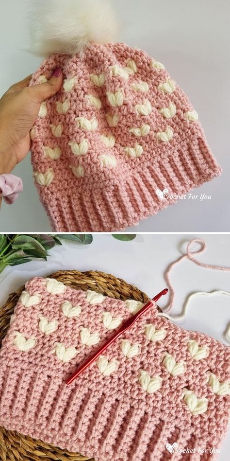 Cute and Clever Crochet Beanies. Valentine's Day is just around the corner, so now is the best time to make some last-minute gifts, like for instance this sweet beanie in the pictures below! It has the cutest little puff hearts and contrasting colors that make the cute hearts pop! #freecrochetpattern #beanie #hat Heart Crochet Beanie, Crochet Heart Beanie Free Pattern, Crochet Heart Hat Pattern Free, Crochet Valentines Day Gifts, Crochet Valentine’s Day Gifts, Pink Crochet Beanie, Heart Headband Crochet, Two Color Crochet Hat, Crochet Heart Hat