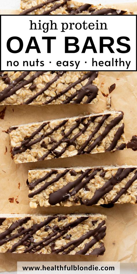 These chewy nut-free protein bars are the perfect healthy snack. They’re made with simple ingredients like rolled oats, maple syrup, protein powder, and mini chocolate chips. No peanuts and no tree nuts in this recipe! Nut Free Protein Bars Homemade, Nut Free Dairy Free Recipes, Vegan Nut Free Protein Bars, Healthy High Protein Granola Bars, Protein Bars Oatmeal, Peanut Free Protein Snacks, Homemade Granola Bars Healthy Nut Free, Nut Free Oat Bars, High Protein Nut Free Snacks