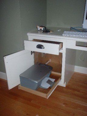 Great storage idea for printer.  I like the idea of Printer Drawer, Computer Nook, Printer Storage, Printer Cabinet, Office Built Ins, Kitchen Desks, Storage Idea, Office Nook, Study Nook