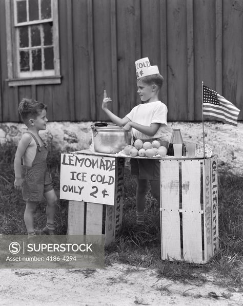 1940s Boy Running Lemonade Stand On Orange Crates Selling To Little Boy Kids Lemonade Stand, Kids Lemonade Stands, Kids Lemonade, Lemonade Stands, Kid Boy, Paint Stripes, Vintage Kids, Lemonade Stand, Digital Advertising