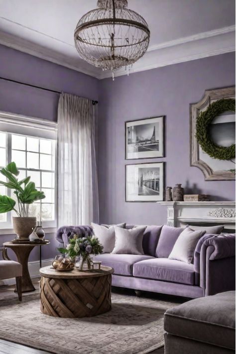 Living room with muted olive green accent wall Light Purple Living Room Walls, Lavender Living Room Decor, Lilac Living Room Ideas, Light Purple Living Room, Lavender Living Rooms, Lilac Living Room, Lavender Living Room, Purple Living Room Ideas, Ivory Living Room