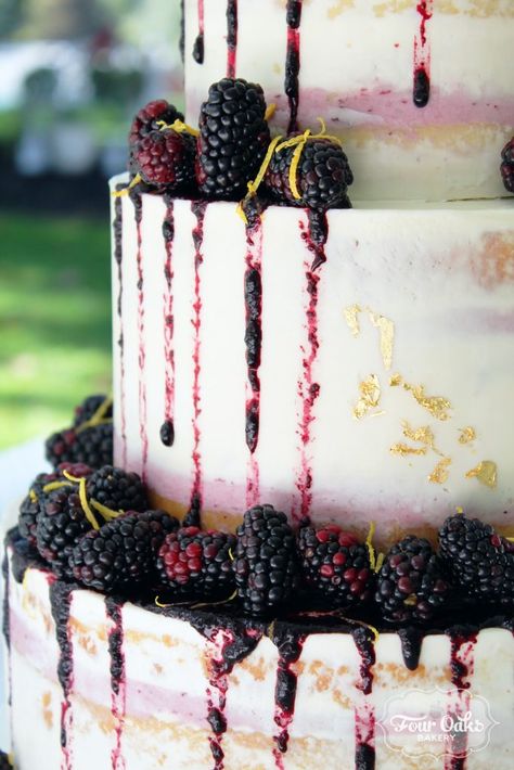 Lemon-Blackberry Semi-Naked Drip Wedding Cake in Delmont, PA - Four Oaks Bakery Blackberry Wedding Cake, Blackberry Wedding, Blackberry Buttercream, Berry Wedding Cake, Raspberry Wedding, Wedding Cheesecake, Blackberry Cake, Wedding Cake Images, Berry Wedding