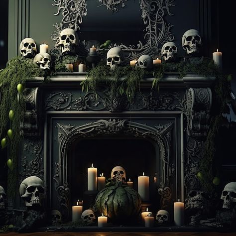 Maximalist Halloween, Moody Maximalist, Living Room Halloween Decor, Shadow Theme, Monster Decorations, Halloween Living Room, Real Haunted Houses, Candles In Fireplace, Supernatural Art