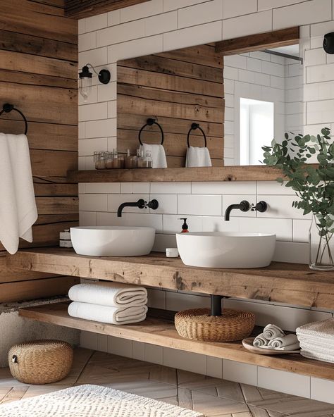 Modern Cottage Bathroom, Modern Farmhouse Bathroom Ideas, Cottage Bathroom Ideas, Farmhouse Bathroom Design, Rustic Bathroom Vanities, Cabin Bathrooms, Bathroom Farmhouse Style, Minimalist Kitchen Design, Cottage Bathroom