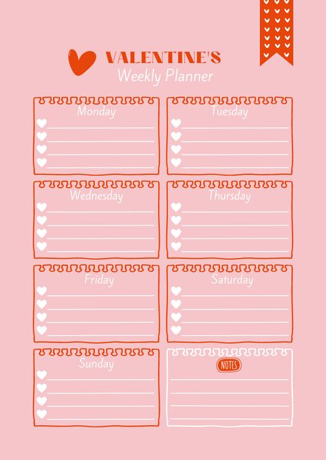 Free Red and Pink Simple Valentine's Weekly Planner Template. Canva Template Design by Anka Drozd Planner Template Canva, February Planner, Organization Planner, Weekly Planner Free Printable, Journal Pages Printable, Weekly Planner Free, Printable Weekly Planner, Weekly Planner Template, Planner Printables