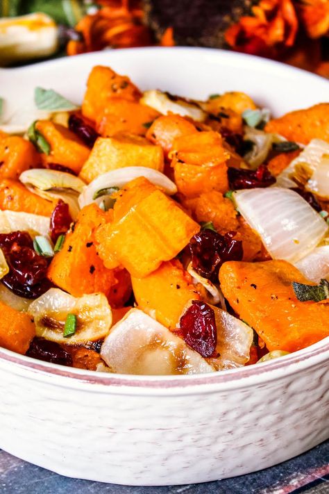 Roasted Butternut Squash With Sage & Dried Cherries Thanksgiving Recipe Ideas, Roasted Yams, Cranberry Recipe, Dried Cranberry, Autumn Side Dishes, Thanksgiving Dinner Recipes, Thanksgiving Recipe, Potato Peeler, Fall Dishes