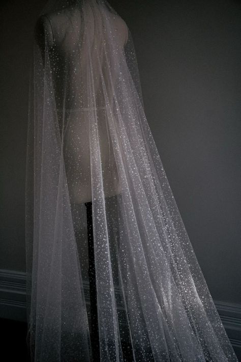 Starlight Wedding, Glitter Veil, Chanel Wedding, Sparkle Veil, Simple Bridal Gowns, Couple Ring Design, Modern Gown, Drop Veil, Cathedral Length Veil