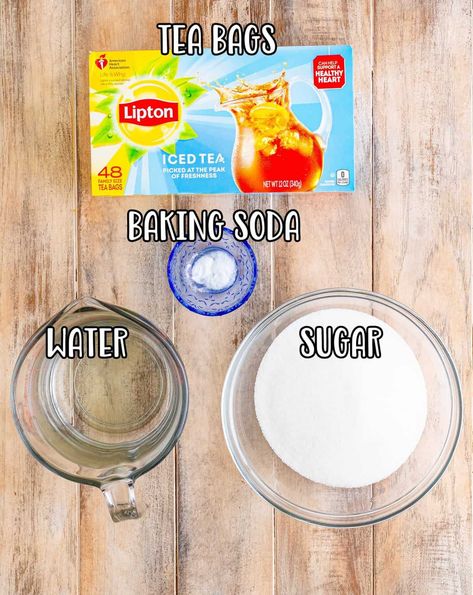 box of Lipton tea bags, baking soda, water and sugar. Tea With Baking Soda, Baking Soda In Iced Tea, Lipton Tea Recipes, Sweet Ice Tea, How To Make Sweet Tea With Tea Bags, Iced Tea From Tea Bags, Homemade Ice Tea With Tea Bags, Lipton Sweet Tea Recipe Gallon, Making Iced Tea With Tea Bags