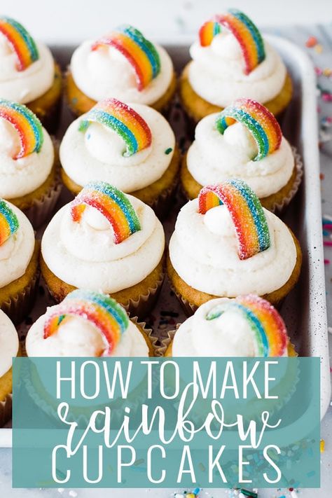 Cupcakes With Rainbows On Top, Rainbow Decorated Cupcakes, Easy Rainbow Cupcakes, Diy Rainbow Cupcakes, Easy Rainbow Birthday Cake, Diy Rainbow Birthday Cake, Rainbow Party Cupcakes, Cupcake Rainbow Cake, Leprechaun Birthday Party