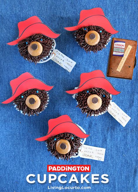 How to make Paddington Bear Cupcakes. Perfect for a kids birthday party. LivingLocurto.com Paddington Cupcakes, Paddington Party, Marmalade Sandwich, Paddington Bear Party, Oso Paddington, London Bedroom, Bear Cupcakes, Creative Cupcakes, Cupcake Designs