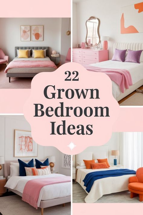 Four stylish bedrooms with colorful decor, featuring pink, purple, and orange accents. Text in center reads "22 Grown Bedroom Ideas". Minimalist Bedroom Color Scheme, Single Female Bedroom Ideas, Woman’s Bedroom Ideas, Adult Girl Bedroom Designs, Bedroom Themes For Women, Pretty Bedrooms For Women, Grown Up Bedroom Ideas, Ideas For Women’s Bedroom, Single Women Bedroom Ideas