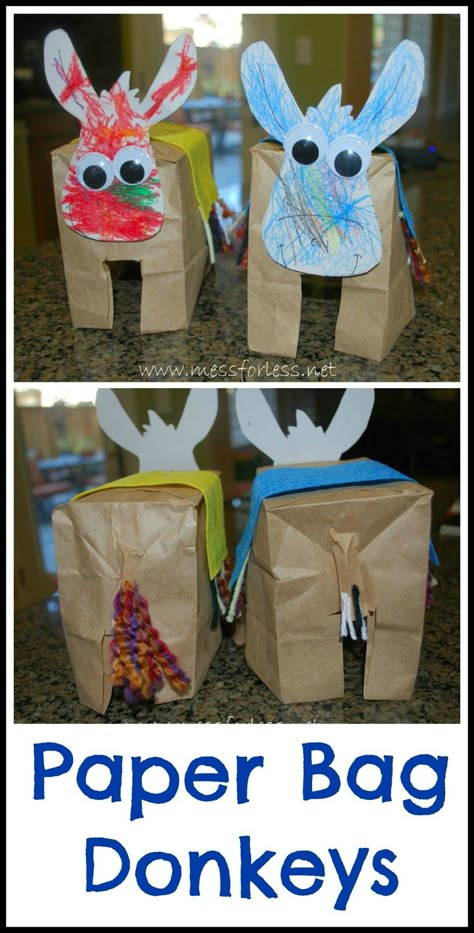 Paper Bag Donkeys from Mess for Less Donkey Crafts For Kids, Donkey Crafts, Donkey Craft, Kids Mess, Palm Sunday Crafts, Spring Crafts Preschool, Paper Bag Crafts, Easter Story, 5 De Mayo